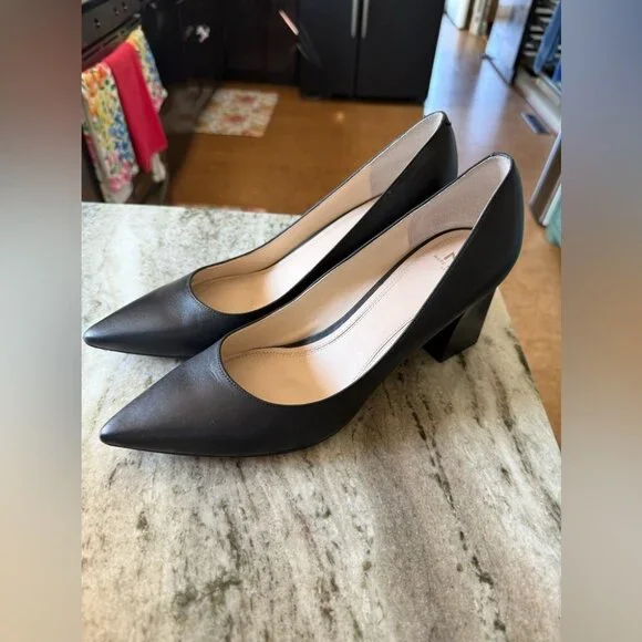 Marc Fisher Women’s Black Leather Zara Block Pointy Toe Pump Heels - Picture 3 of 6